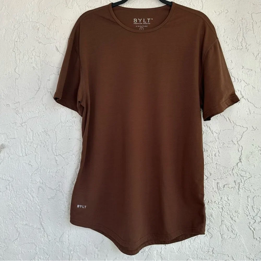 BYLT Tee Shirt Men Large Signature Crew Neck Short Sleeve Athletic Casual Brown